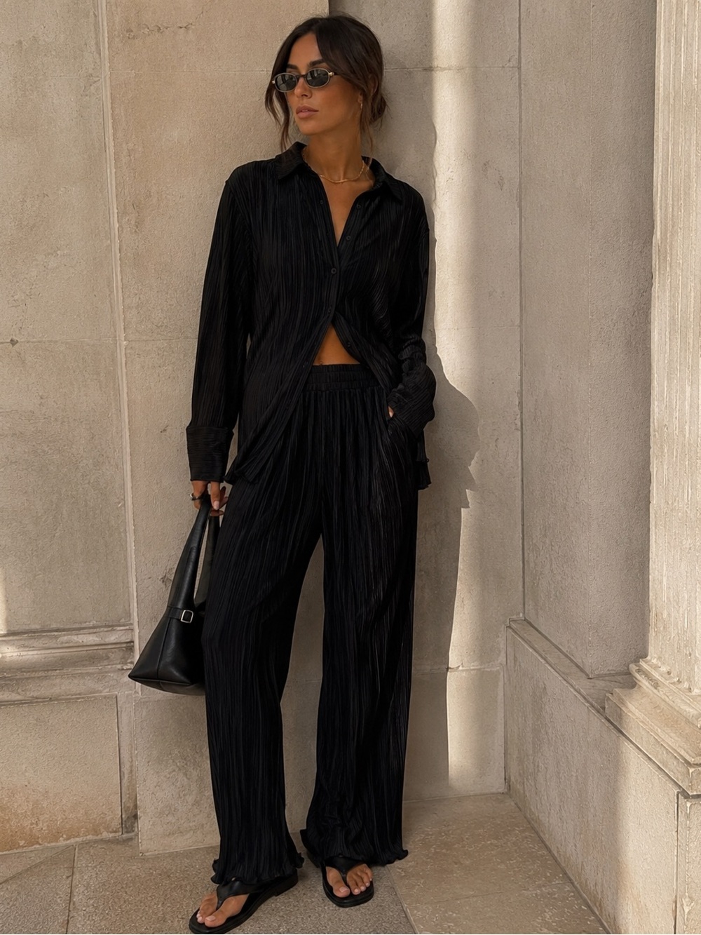 ISALIS Syd Plissé Pleated Pants & Button Down Top Set • Black • Size M NWOT RARE
